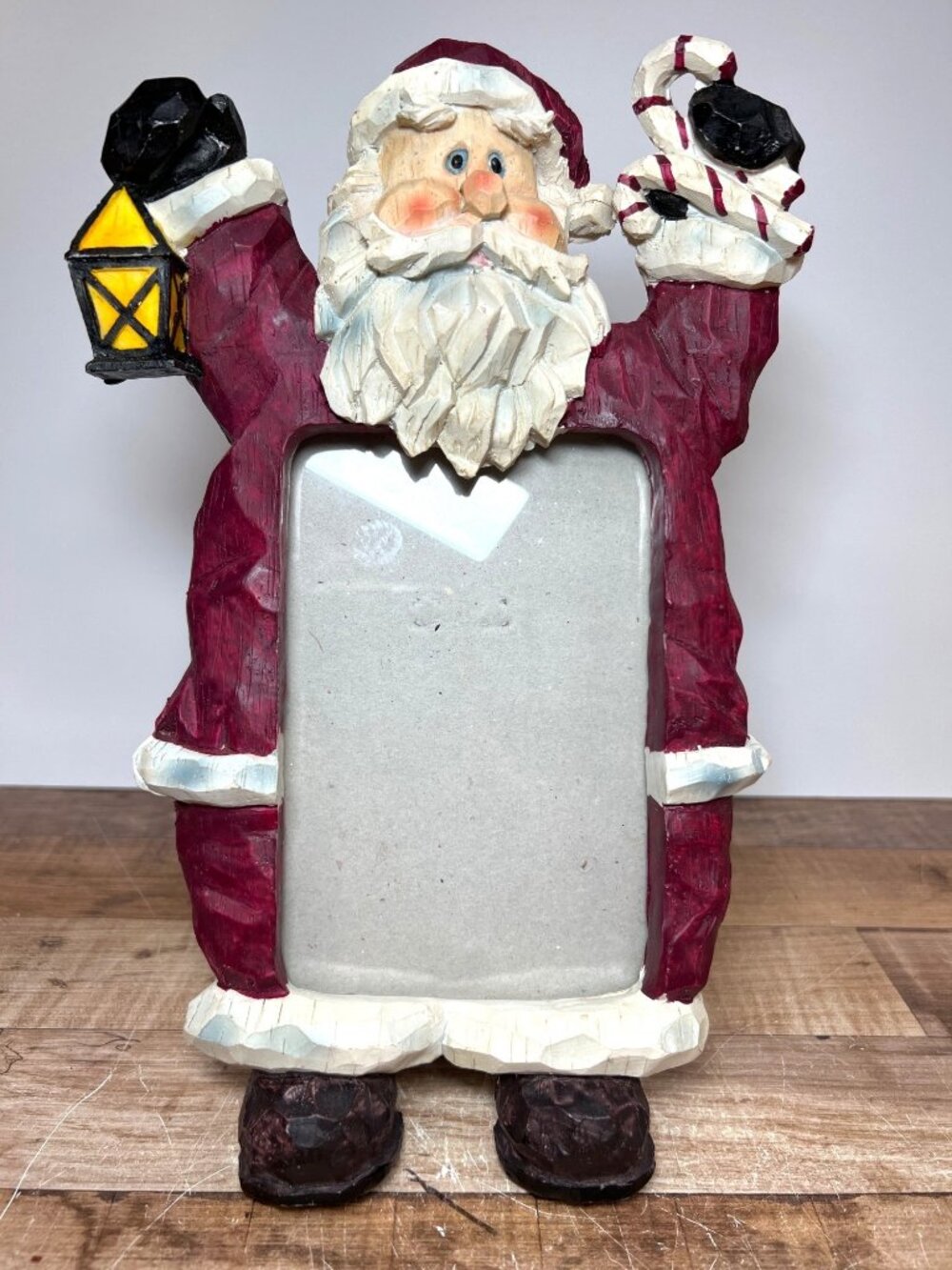 Santa Claus Hand-Carved Wooden Picture Frame With Lantern & Candy Cane